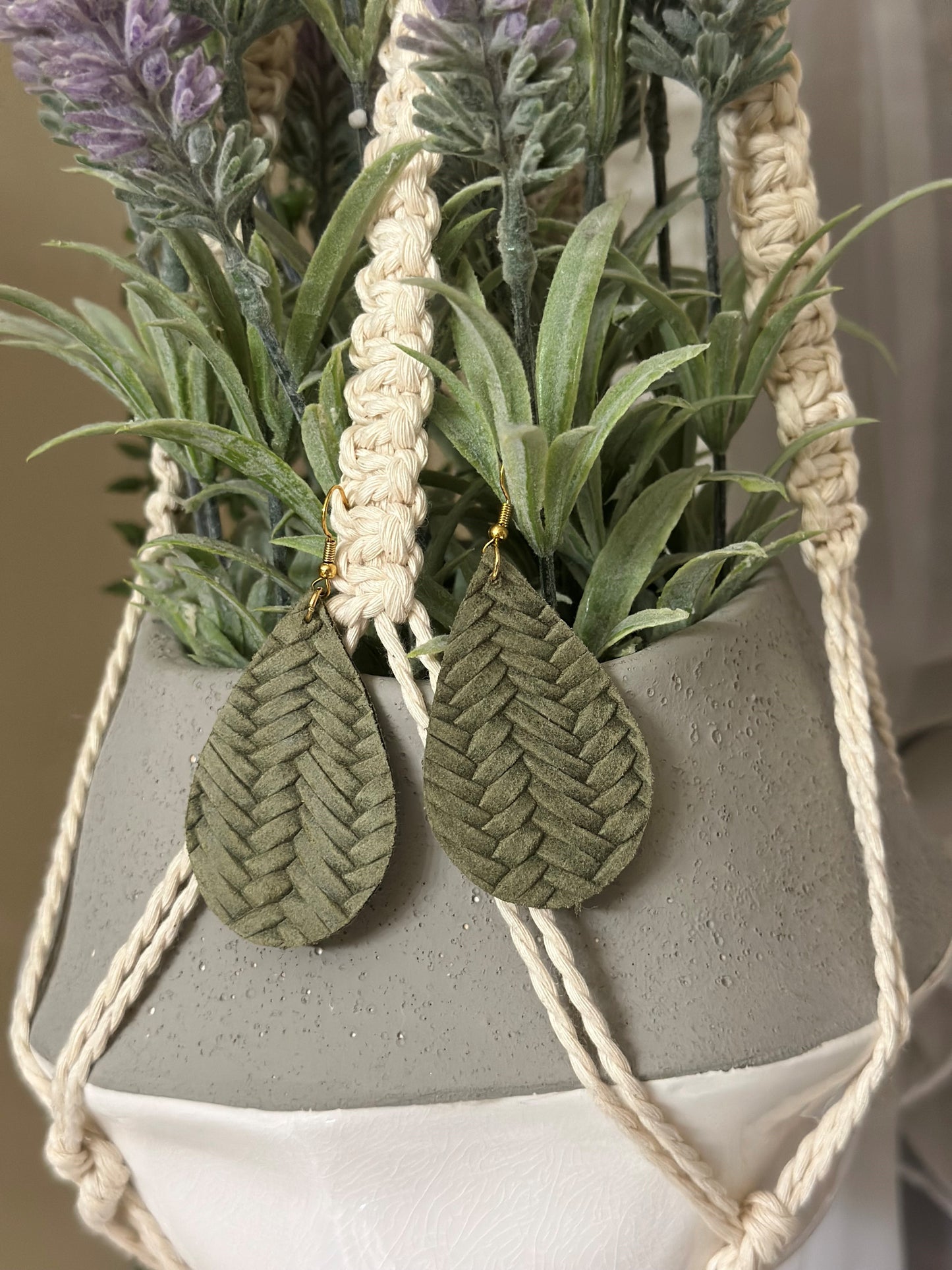 Olive Green Braided Leather Tear Drops