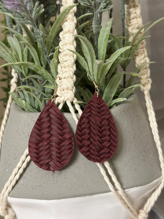 Maroon Braided Leather Tear Drops