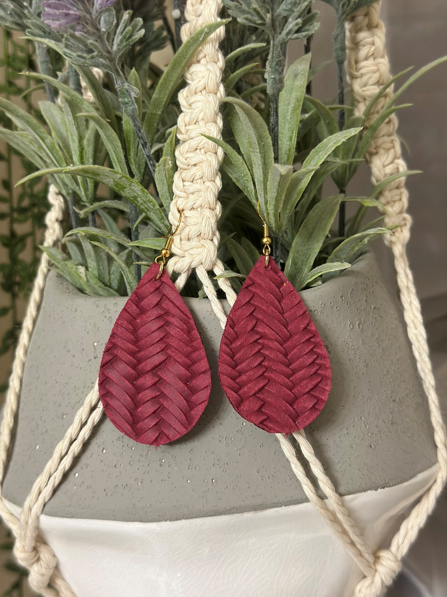 Raspberry Braided Leather Tear Drops